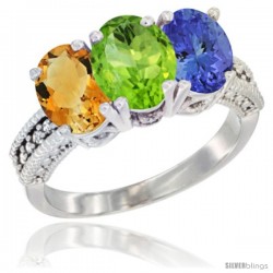 10K White Gold Natural Citrine, Peridot & Tanzanite Ring 3-Stone Oval 7x5 mm Diamond Accent