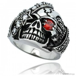 Surgical Steel Biker Skull Ring Red CZ Eye & Eye patch Crown on each side 1 in long