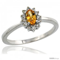 10k White Gold Diamond Halo Citrine Ring 0.25 ct Oval Stone 5x3 mm, 5/16 in wide