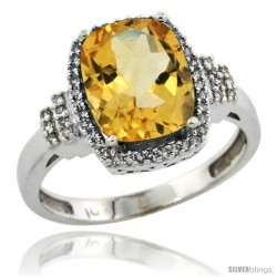 10k White Gold Diamond Halo Citrine Ring 2.4 ct Cushion Cut 9x7 mm, 1/2 in wide