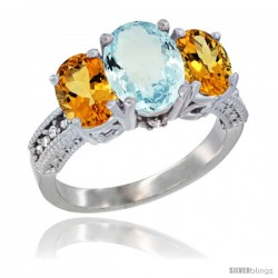 10K White Gold Ladies Natural Aquamarine Oval 3 Stone Ring with Citrine Sides Diamond Accent