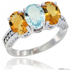 10K White Gold Natural Aquamarine & Citrine Sides Ring 3-Stone Oval 7x5 mm Diamond Accent