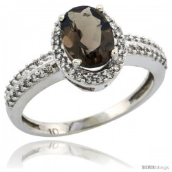 14k White Gold Diamond Halo Smoky Topaz Ring 1.2 ct Oval Stone 8x6 mm, 3/8 in wide