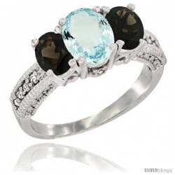 14k White Gold Ladies Oval Natural Aquamarine 3-Stone Ring with Smoky Topaz Sides Diamond Accent