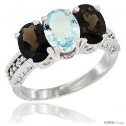 14K White Gold Natural Aquamarine & Smoky Topaz Ring 3-Stone 7x5 mm Oval Diamond Accent