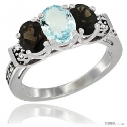 14K White Gold Natural Aquamarine & Smoky Topaz Ring 3-Stone Oval with Diamond Accent