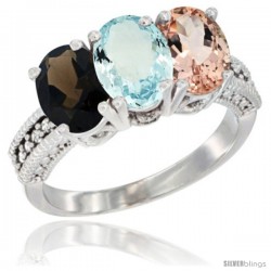 14K White Gold Natural Smoky Topaz, Aquamarine & Morganite Ring 3-Stone 7x5 mm Oval Diamond Accent