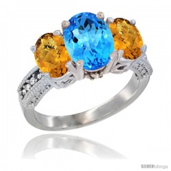 14K White Gold Ladies 3-Stone Oval Natural Swiss Blue Topaz Ring with Whisky Quartz Sides Diamond Accent