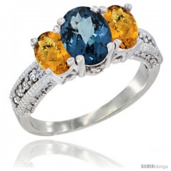 14k White Gold Ladies Oval Natural London Blue Topaz 3-Stone Ring with Whisky Quartz Sides Diamond Accent