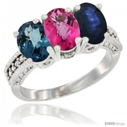 10K White Gold Natural London Blue Topaz, Pink Topaz & Blue Sapphire Ring 3-Stone Oval 7x5 mm Diamond Accent