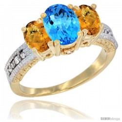 14k Yellow Gold Ladies Oval Natural Swiss Blue Topaz 3-Stone Ring with Whisky Quartz Sides Diamond Accent