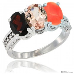 14K White Gold Natural Garnet, Morganite & Coral Ring 3-Stone 7x5 mm Oval Diamond Accent