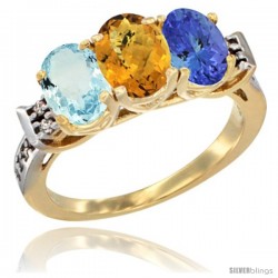 10K Yellow Gold Natural Aquamarine, Whisky Quartz & Tanzanite Ring 3-Stone Oval 7x5 mm Diamond Accent