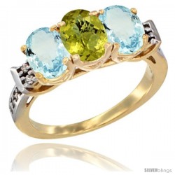 10K Yellow Gold Natural Lemon Quartz & Aquamarine Sides Ring 3-Stone Oval 7x5 mm Diamond Accent