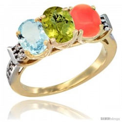 10K Yellow Gold Natural Aquamarine, Lemon Quartz & Coral Ring 3-Stone Oval 7x5 mm Diamond Accent