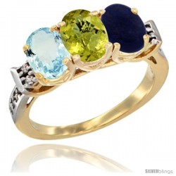 10K Yellow Gold Natural Aquamarine, Lemon Quartz & Lapis Ring 3-Stone Oval 7x5 mm Diamond Accent