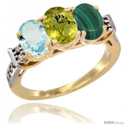 10K Yellow Gold Natural Aquamarine, Lemon Quartz & Malachite Ring 3-Stone Oval 7x5 mm Diamond Accent