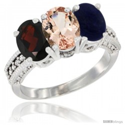 14K White Gold Natural Garnet, Morganite & Lapis Ring 3-Stone 7x5 mm Oval Diamond Accent