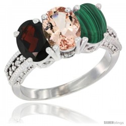 14K White Gold Natural Garnet, Morganite & Malachite Ring 3-Stone 7x5 mm Oval Diamond Accent