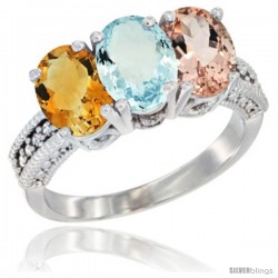 10K White Gold Natural Citrine, Aquamarine & Morganite Ring 3-Stone Oval 7x5 mm Diamond Accent