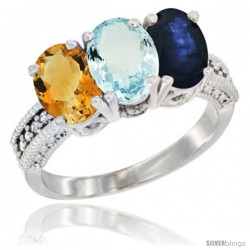 10K White Gold Natural Citrine, Aquamarine & Blue Sapphire Ring 3-Stone Oval 7x5 mm Diamond Accent