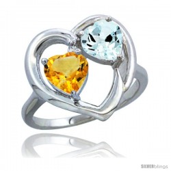 10K White Gold Heart Ring 6mm Natural Citrine & Aquamarine Diamond Accent