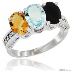 10K White Gold Natural Citrine, Aquamarine & Black Onyx Ring 3-Stone Oval 7x5 mm Diamond Accent