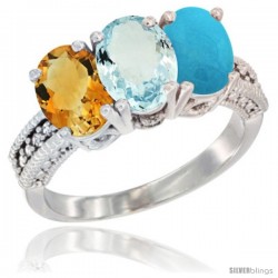 10K White Gold Natural Citrine, Aquamarine & Turquoise Ring 3-Stone Oval 7x5 mm Diamond Accent