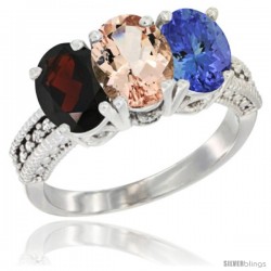 14K White Gold Natural Garnet, Morganite & Tanzanite Ring 3-Stone 7x5 mm Oval Diamond Accent