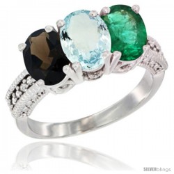 14K White Gold Natural Smoky Topaz, Aquamarine & Emerald Ring 3-Stone 7x5 mm Oval Diamond Accent