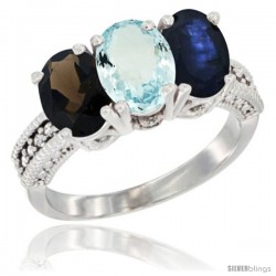 14K White Gold Natural Smoky Topaz, Aquamarine & Blue Sapphire Ring 3-Stone 7x5 mm Oval Diamond Accent