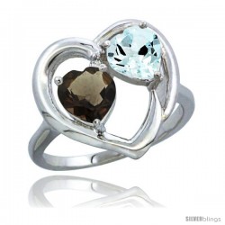 14k White Gold 2-Stone Heart Ring 6mm Natural Smoky Topaz & Aquamarine Diamond Accent