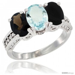 14K White Gold Natural Smoky Topaz, Aquamarine & Black Onyx Ring 3-Stone 7x5 mm Oval Diamond Accent