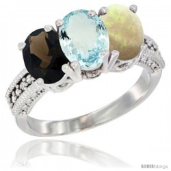 14K White Gold Natural Smoky Topaz, Aquamarine & Opal Ring 3-Stone 7x5 mm Oval Diamond Accent