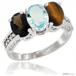 14K White Gold Natural Smoky Topaz, Aquamarine & Tiger Eye Ring 3-Stone 7x5 mm Oval Diamond Accent