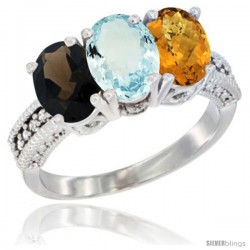 14K White Gold Natural Smoky Topaz, Aquamarine & Whisky Quartz Ring 3-Stone 7x5 mm Oval Diamond Accent