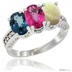 10K White Gold Natural London Blue Topaz, Pink Topaz & Opal Ring 3-Stone Oval 7x5 mm Diamond Accent