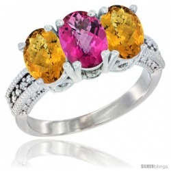 14K White Gold Natural Pink Topaz Ring with Whisky Quartz 3-Stone 7x5 mm Oval Diamond Accent