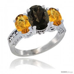 14K White Gold Ladies 3-Stone Oval Natural Smoky Topaz Ring with Whisky Quartz Sides Diamond Accent