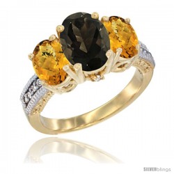 14K Yellow Gold Ladies 3-Stone Oval Natural Smoky Topaz Ring with Whisky Quartz Sides Diamond Accent