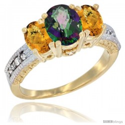 14k Yellow Gold Ladies Oval Natural Mystic Topaz 3-Stone Ring with Whisky Quartz Sides Diamond Accent