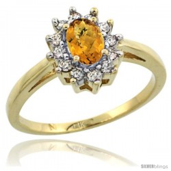 14k Yellow Gold whisky Quartz Diamond Halo Ring Oval Shape 1.2 Carat 6X4 mm, 1/2 in wide