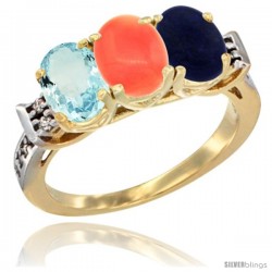 10K Yellow Gold Natural Aquamarine, Coral & Lapis Ring 3-Stone Oval 7x5 mm Diamond Accent