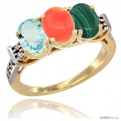 10K Yellow Gold Natural Aquamarine, Coral & Malachite Ring 3-Stone Oval 7x5 mm Diamond Accent