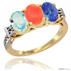 10K Yellow Gold Natural Aquamarine, Coral & Tanzanite Ring 3-Stone Oval 7x5 mm Diamond Accent