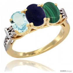 10K Yellow Gold Natural Aquamarine, Lapis & Malachite Ring 3-Stone Oval 7x5 mm Diamond Accent