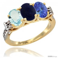 10K Yellow Gold Natural Aquamarine, Lapis & Tanzanite Ring 3-Stone Oval 7x5 mm Diamond Accent