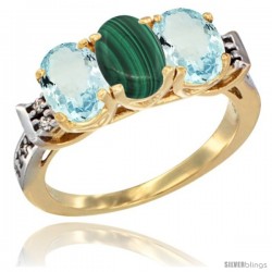 10K Yellow Gold Natural Malachite & Aquamarine Sides Ring 3-Stone Oval 7x5 mm Diamond Accent