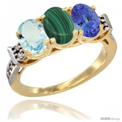 10K Yellow Gold Natural Aquamarine, Malachite & Tanzanite Ring 3-Stone Oval 7x5 mm Diamond Accent