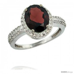 14k White Gold Diamond Garnet Ring Oval Stone 10x8 mm 2.4 ct 1/2 in wide